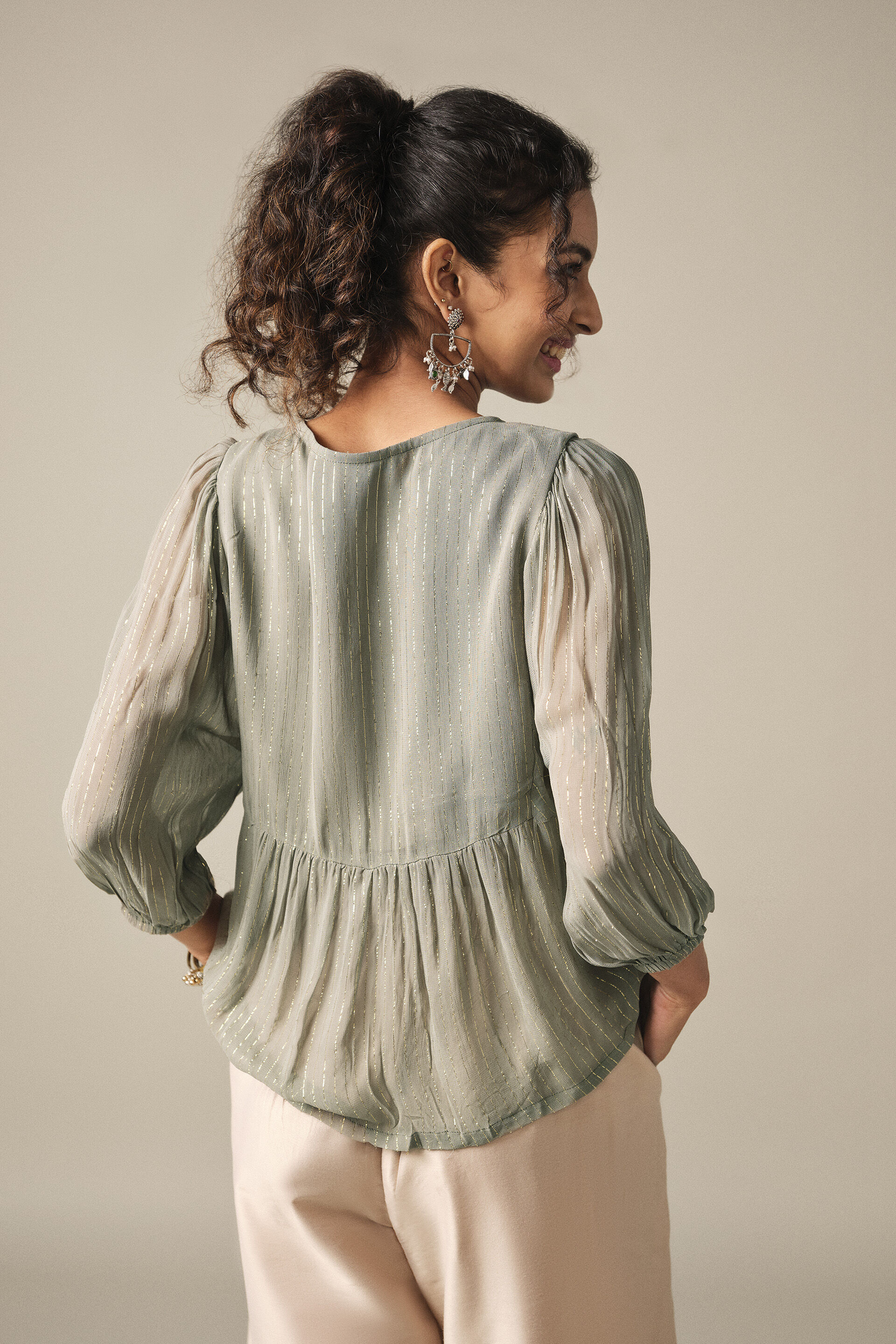 Tie-up Embroidered Peasant Top in Grey, Grey, image 6